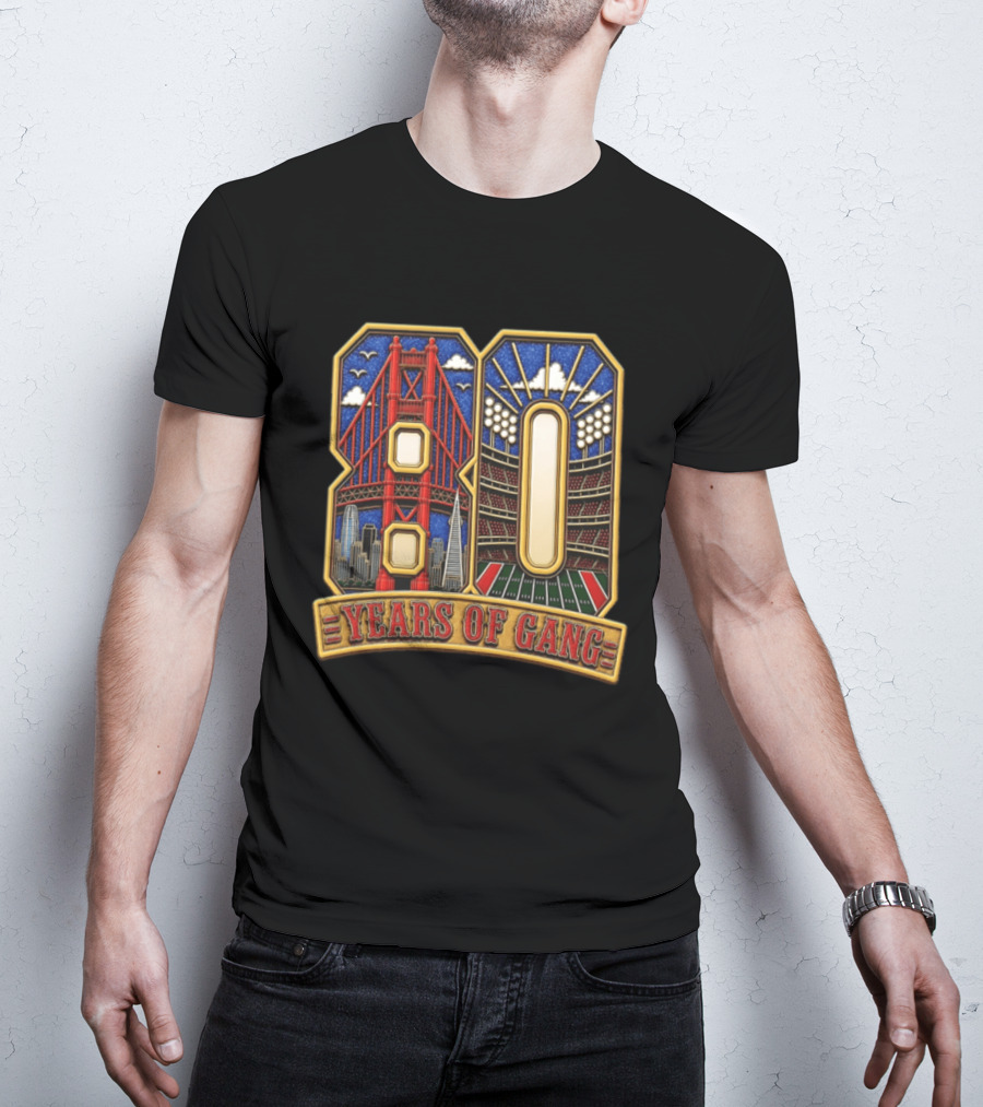 San Francisco 49ers 80 Years Of Gang Bridge And Stadium Celebration T-Shirt