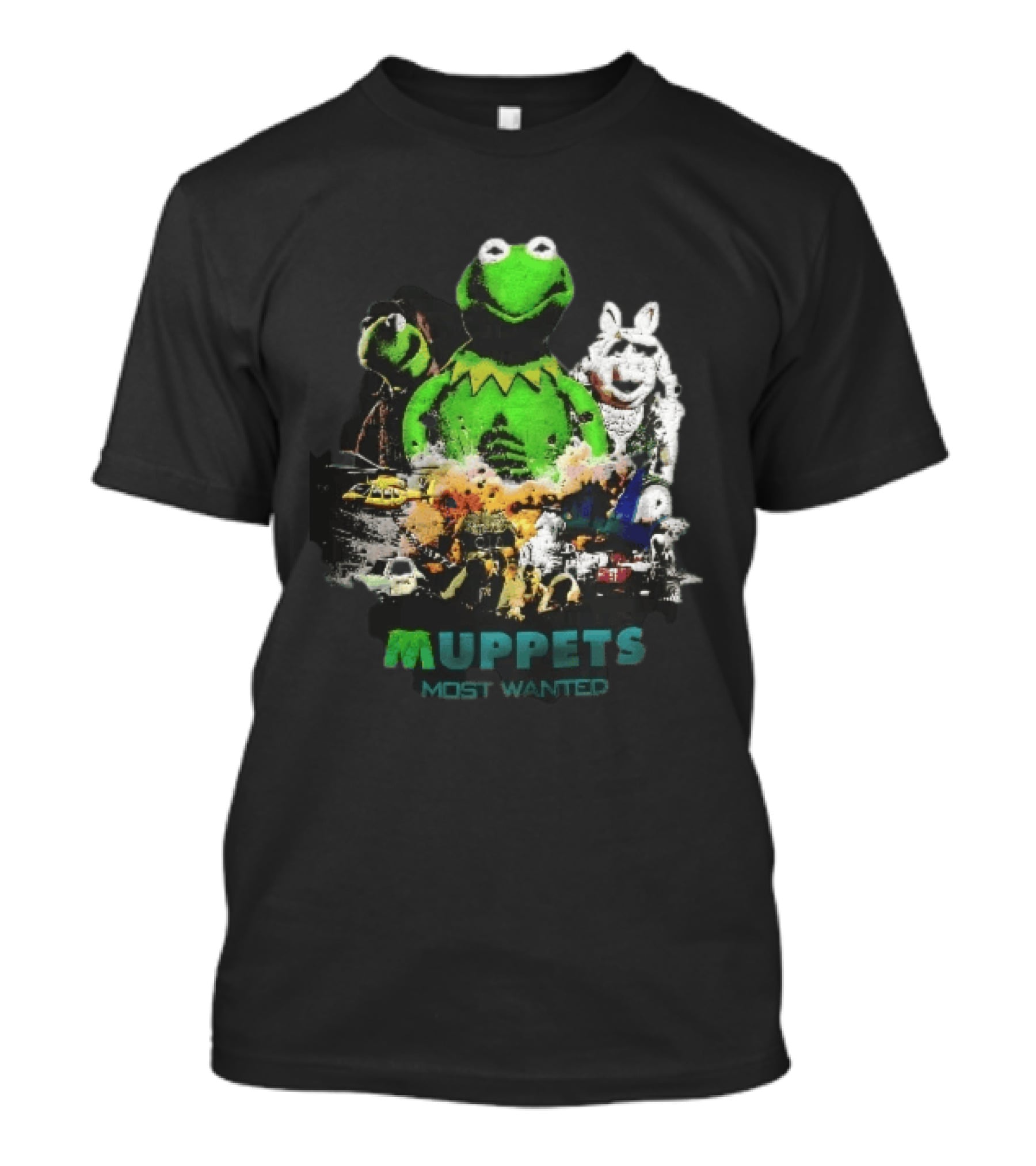 Muppets Most Wanted Kermit Frog Miss Piggy Explosion Helicopter Collage T-Shirt
