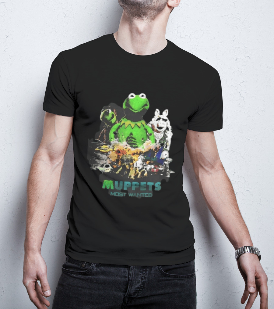 Muppets Most Wanted Kermit Frog Miss Piggy Explosion Helicopter Collage T-Shirt