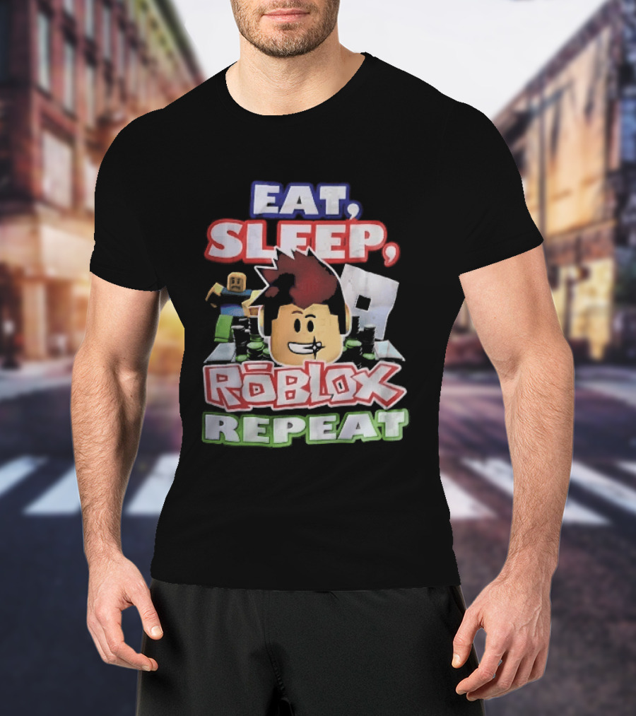 Eat Sleep Roblox Repeat Cartoon Avatar Noob Running Cash Stacks T-Shirt