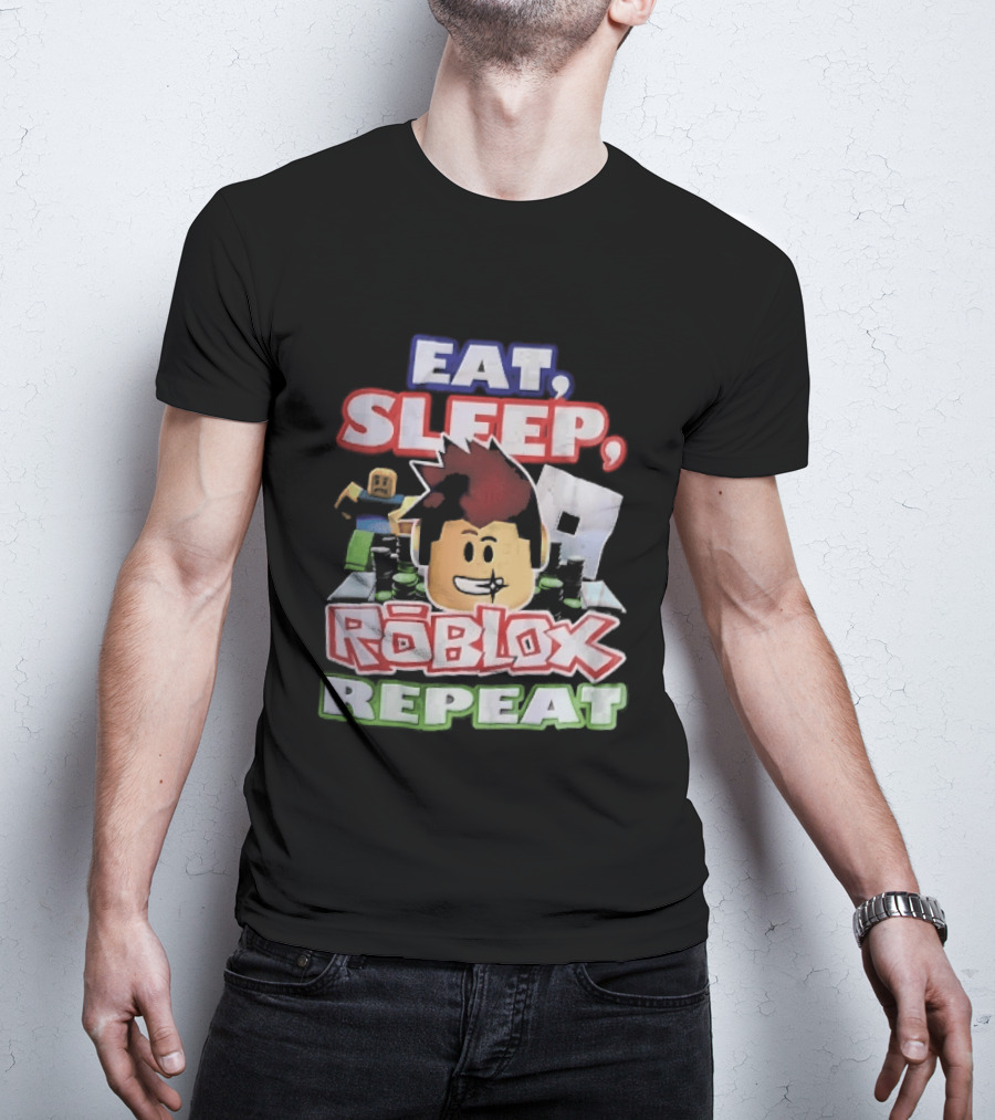 Eat Sleep Roblox Repeat Cartoon Avatar Noob Running Cash Stacks T-Shirt