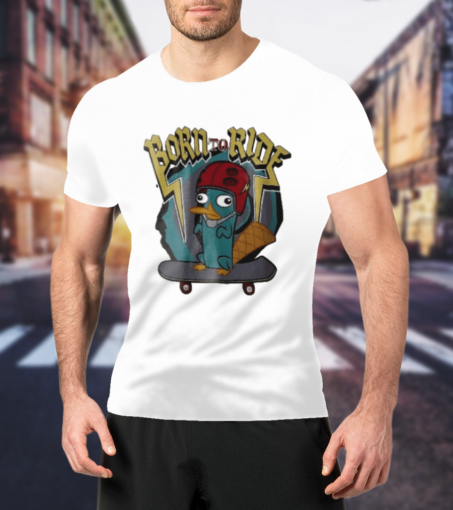 Born To Ride Cartoon Platypus Red Helmet Skateboard T-Shirt