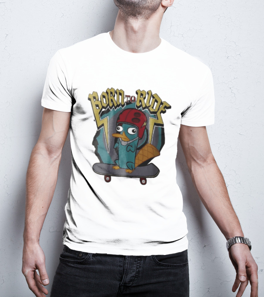 Born To Ride Cartoon Platypus Red Helmet Skateboard T-Shirt