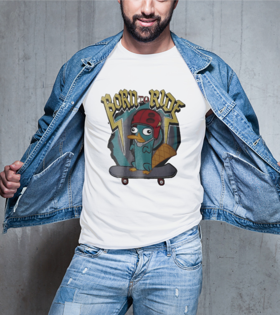 Born To Ride Cartoon Platypus Red Helmet Skateboard T-Shirt