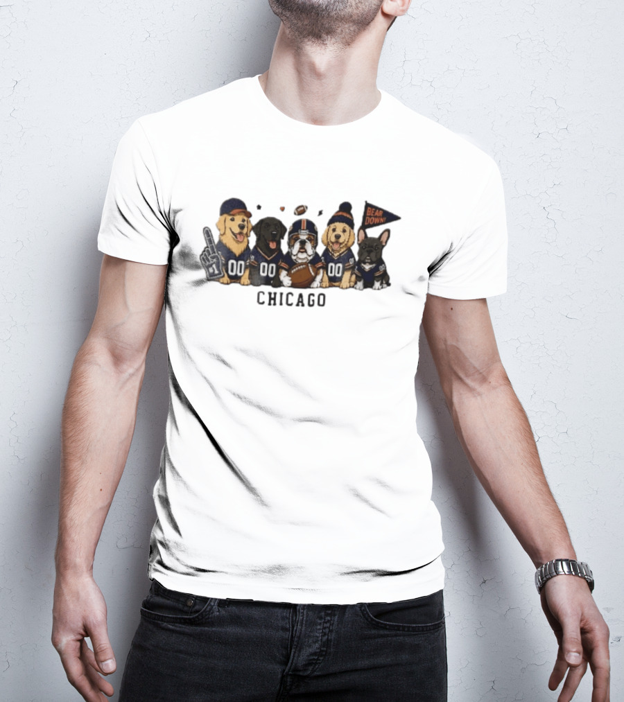 Chicago Bears Bear Down Five Cartoon Dogs In Football Jerseys With Flag And Foam Finger T-Shirt