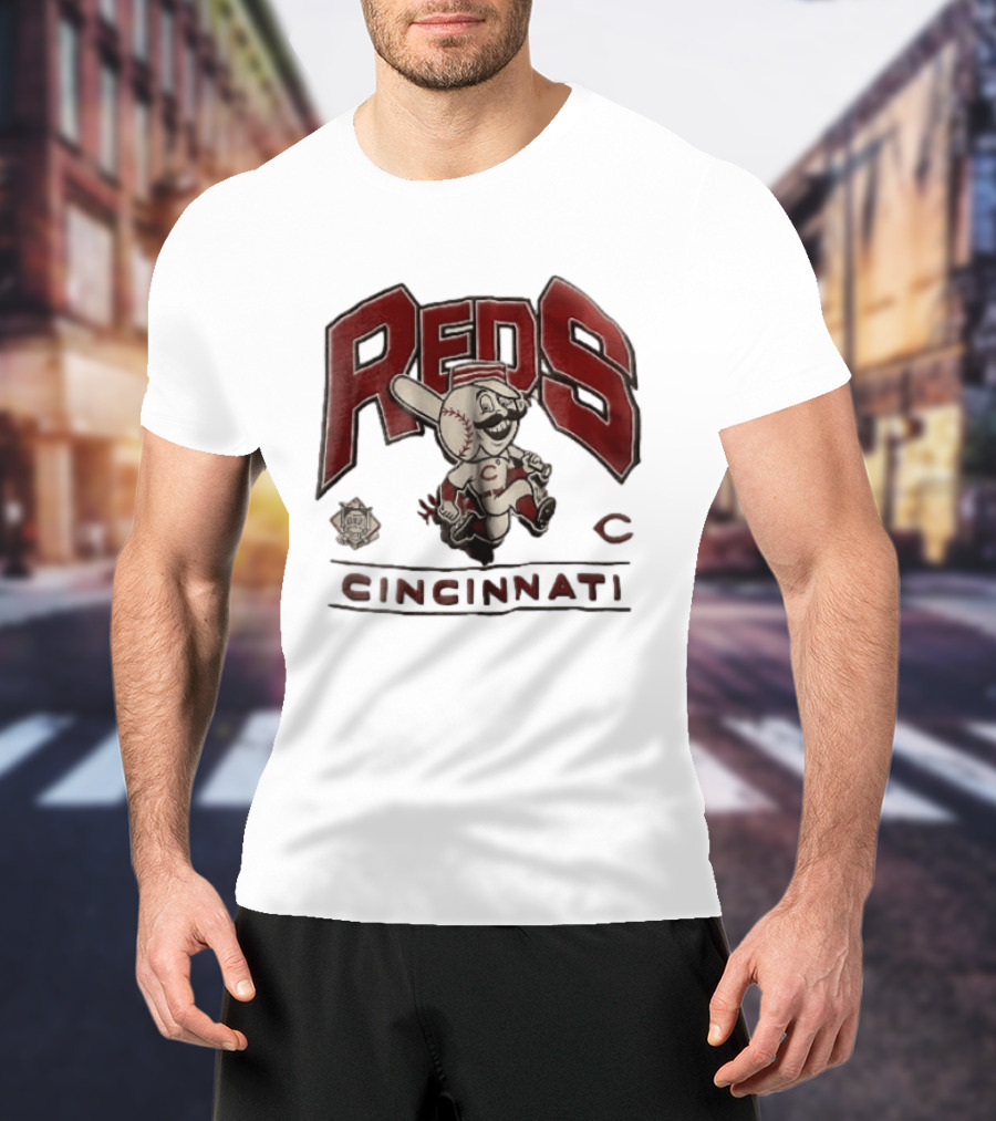 Cincinnati Reds Cartoon Running Bat Mascot Vintage MLB Fan Gear T-Shirt
