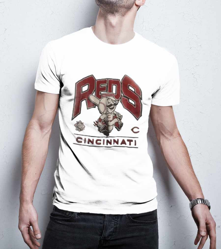 Cincinnati Reds Cartoon Running Bat Mascot Vintage MLB Fan Gear T-Shirt