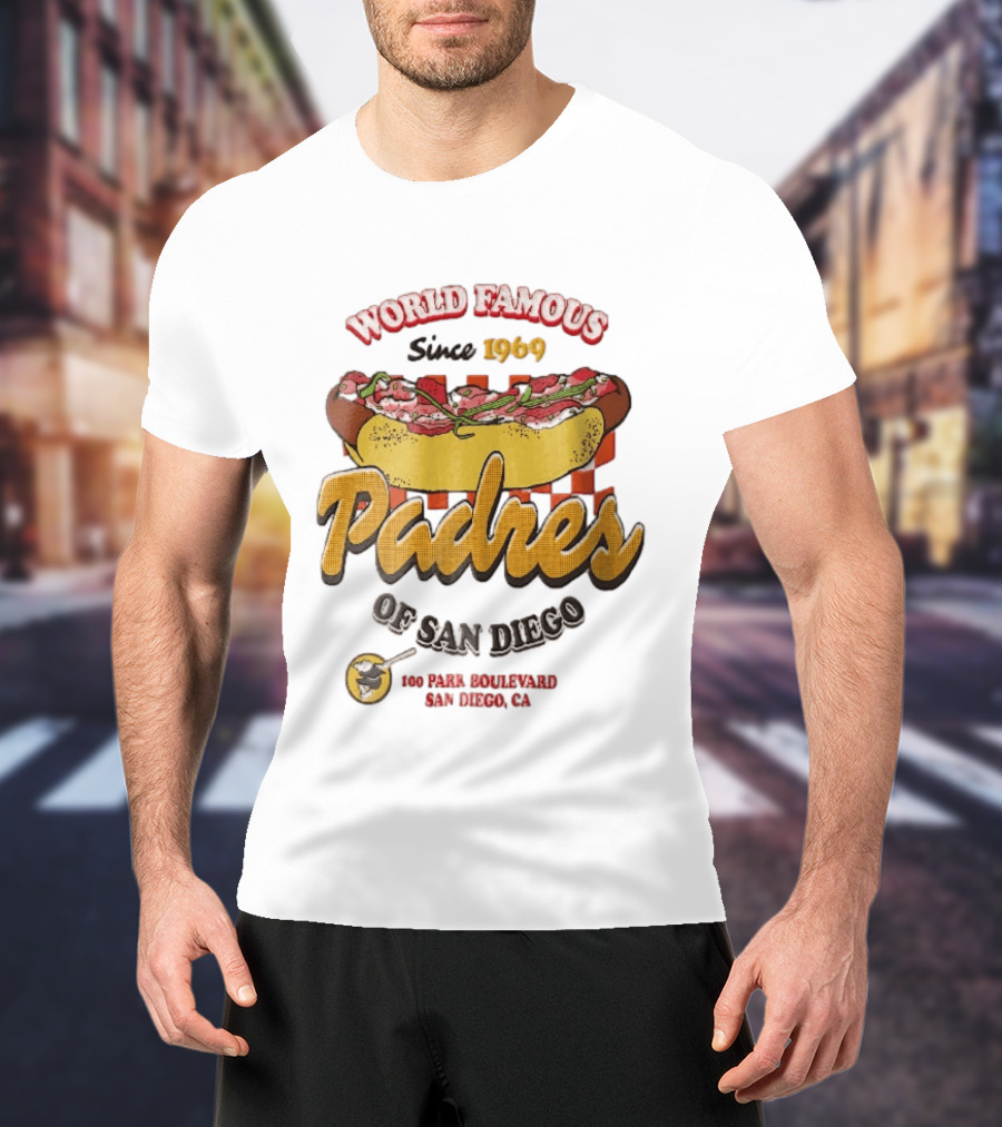 World Famous Padres Of San Diego Since 1969 Halftone Hot Dog 100 Park Boulevard CA T-Shirt