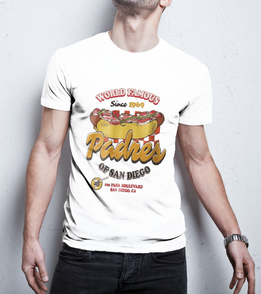 World Famous Padres Of San Diego Since 1969 Halftone Hot Dog 100 Park Boulevard CA T-Shirt