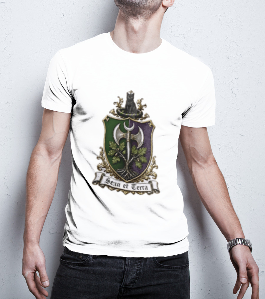 Sexu Et Terra Green Purple Shield Black Cat Axe And Tree Crest T-Shirt