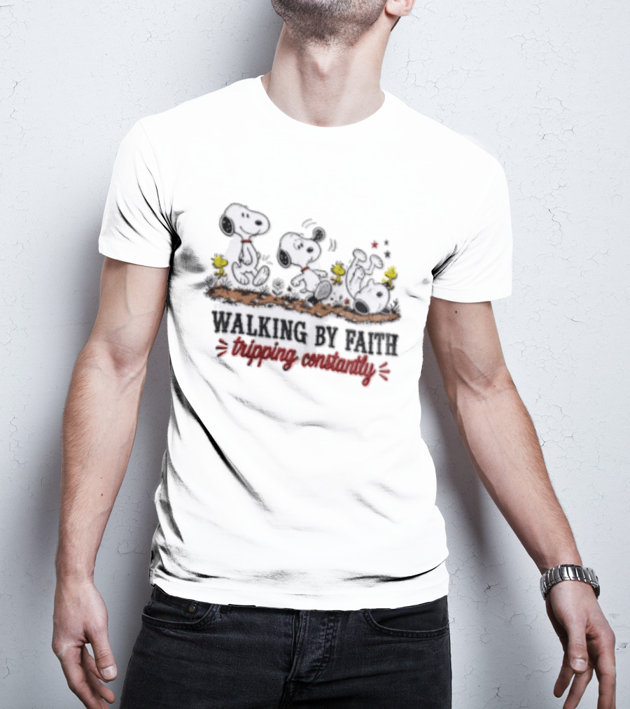 Snoopy Walking By Faith Tripping Constantly With Woodstock Friends T-Shirt