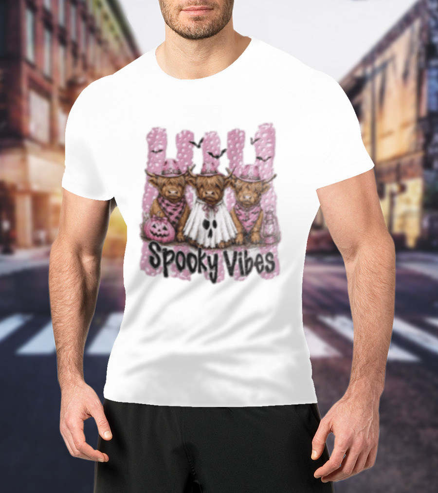 Highland Cow Ghost Pumpkin Bat Spooky Vibes Halloween T-Shirt