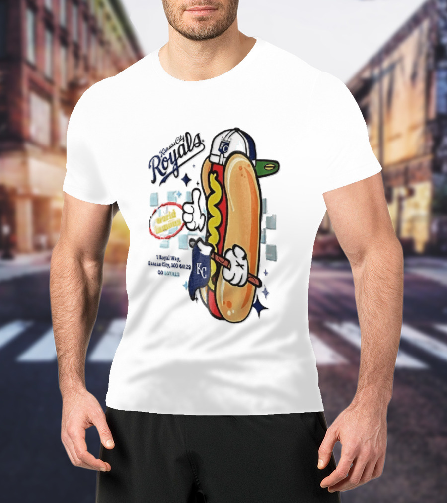 Kansas City Royals World Famous 1 Royal Way Mo 64129 Cartoon Hot Dog KC Cap T-Shirt