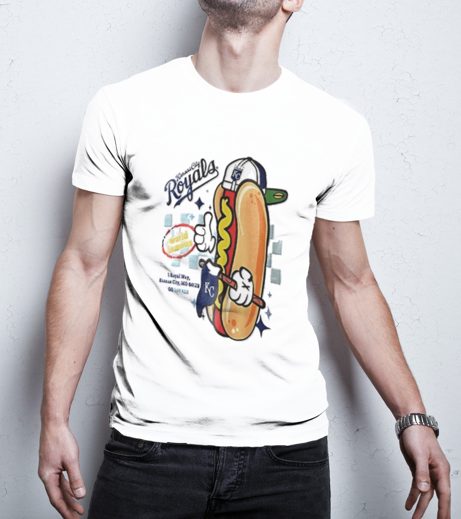 Kansas City Royals World Famous 1 Royal Way Mo 64129 Cartoon Hot Dog KC Cap T-Shirt