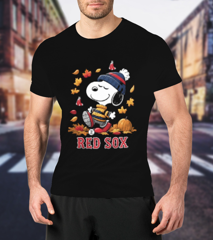 Boston Red Sox Snoopy Walking With Autumn Leaves And Pumpkin T-Shirt
