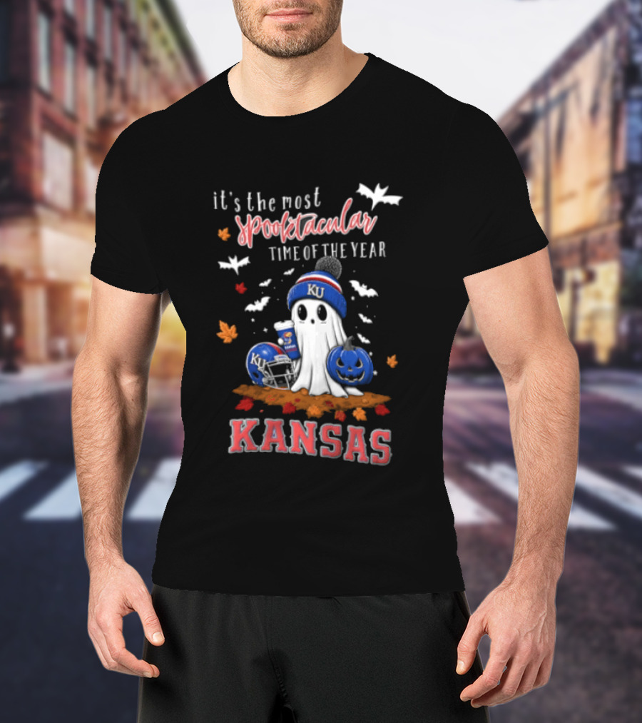 Kansas Jayhawks It's The Most Spooktacular Time Of Year Ghost Beanie Pumpkin T-Shirt