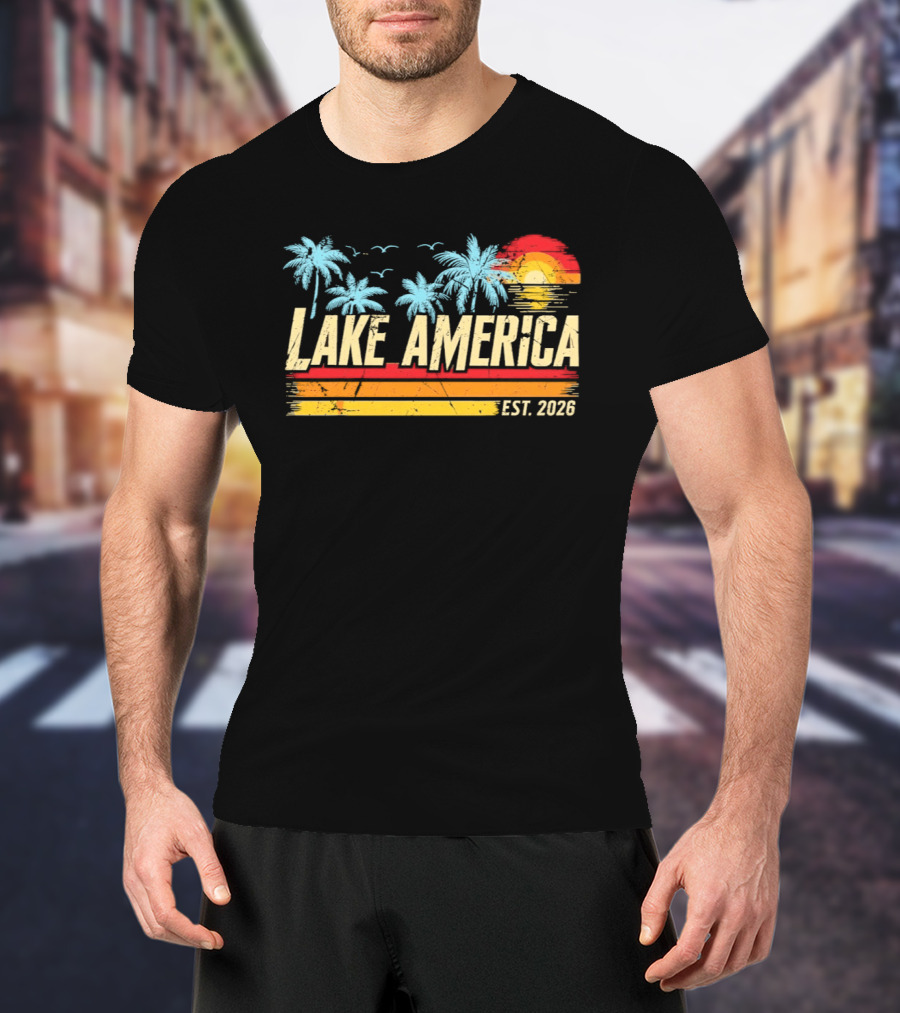 Lake America Est 2026 Tropical Vacation Sunset Palm Trees And Seagulls T-Shirt