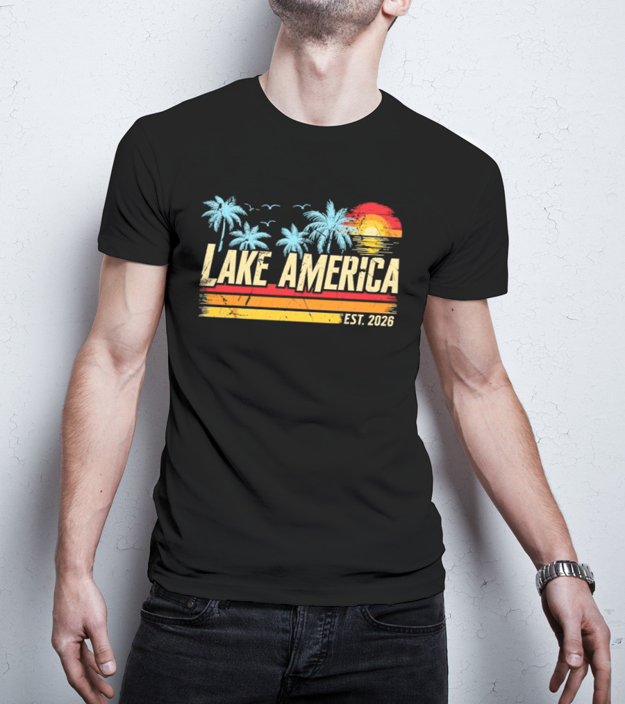 Lake America Est 2026 Tropical Vacation Sunset Palm Trees And Seagulls T-Shirt