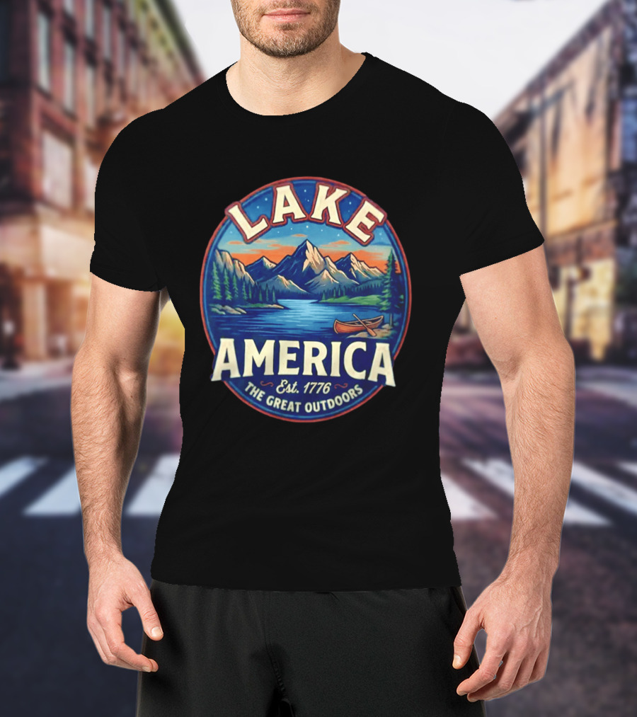 Lake America The Great Outdoors Est. 1776 Mountain Scene Canoe T-Shirt
