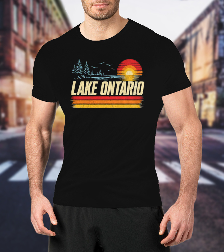 Lake Ontario Sunset Vintage Style With Pines And Birds T-Shirt