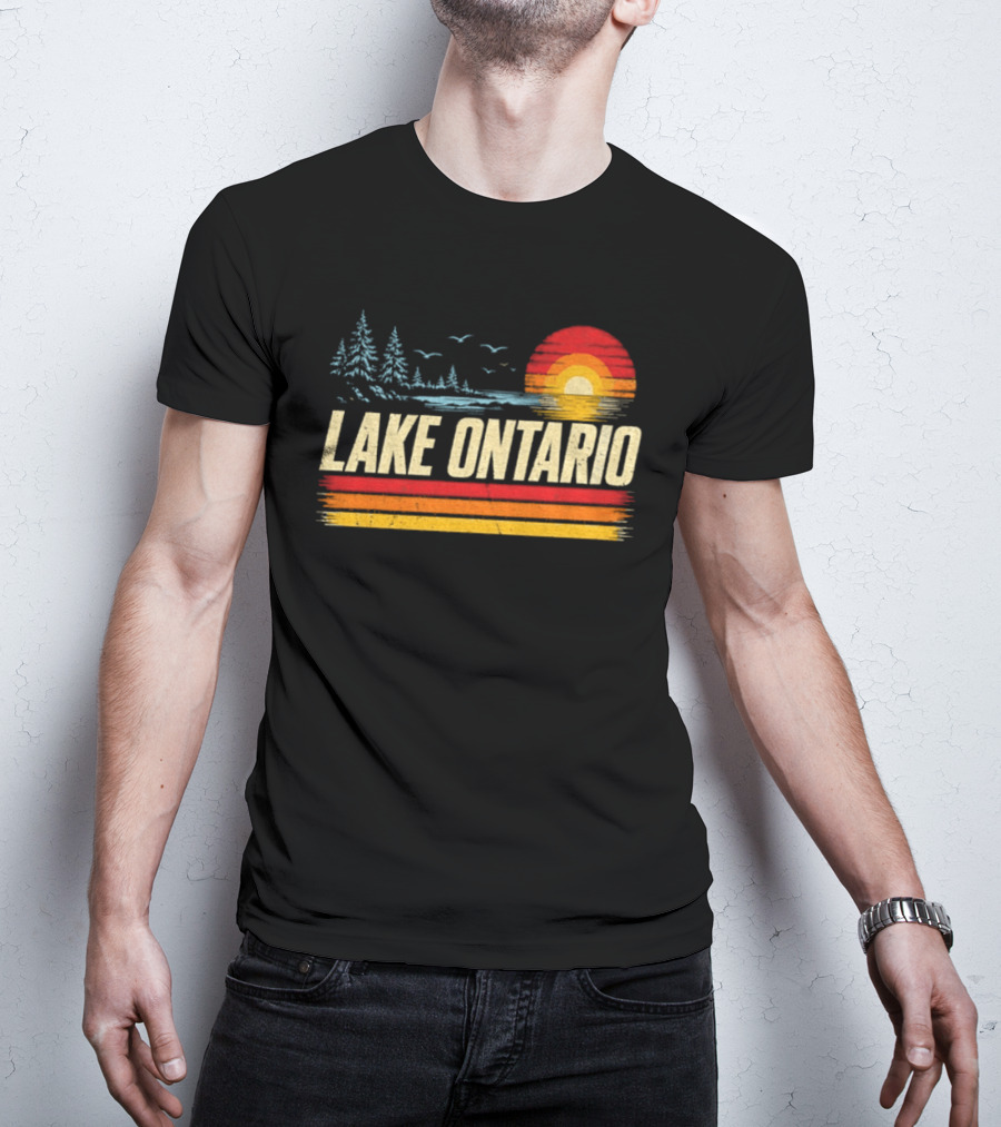 Lake Ontario Sunset Vintage Style With Pines And Birds T-Shirt