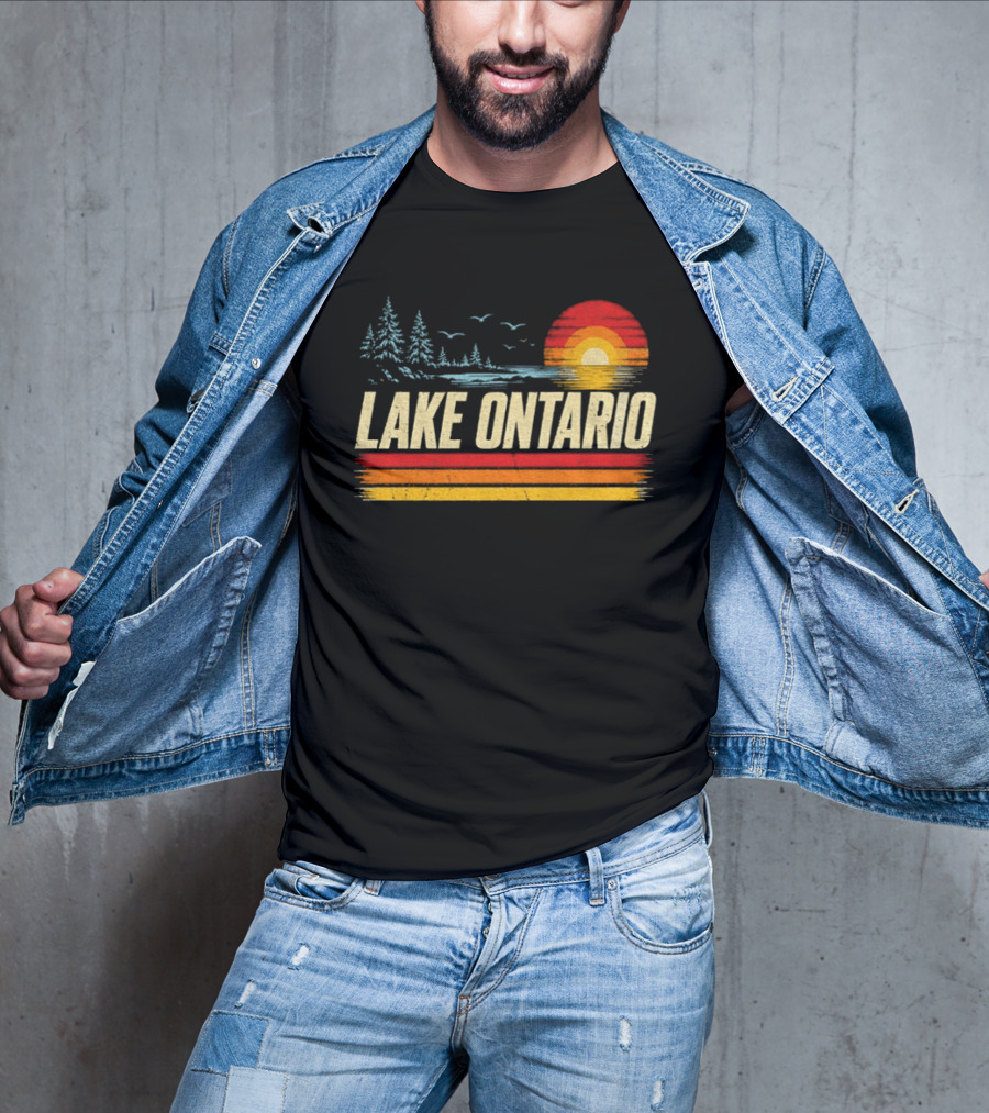 Lake Ontario Sunset Vintage Style With Pines And Birds T-Shirt
