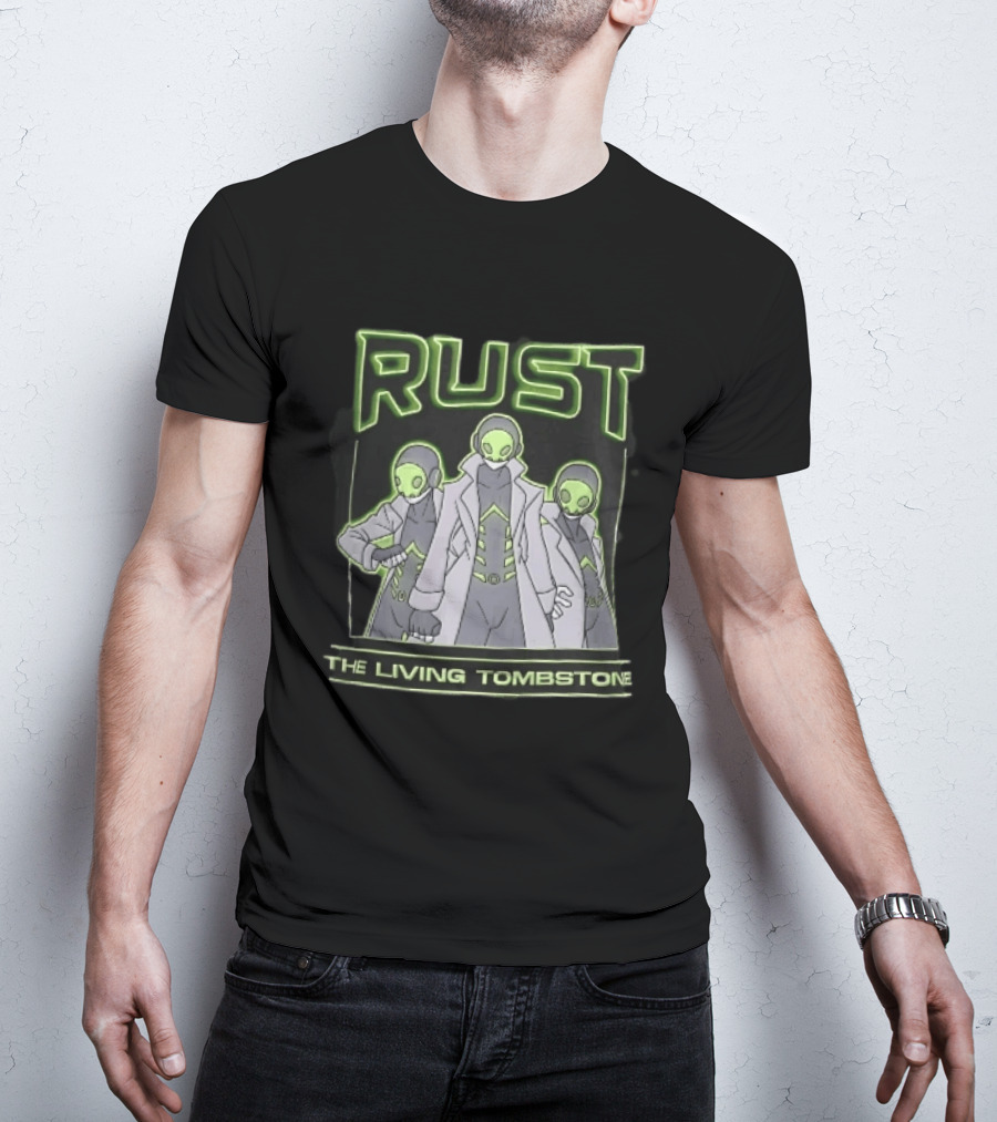 RUST The Living Tombstone Three Masked Figures Glowing Neon Trench Coats T-Shirt