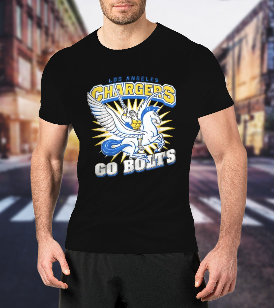 Los Angeles Chargers Go Bolts Hercules Pegasus Sword Cartoon Sunburst T-Shirt