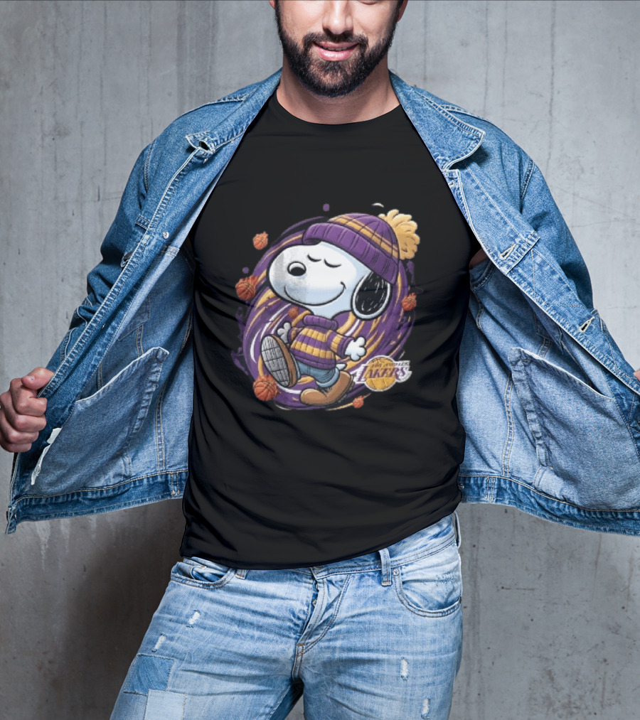 Los Angeles Lakers NBA Snoopy Cartoon Beanie Swirl Flaming Basketballs T-Shirt