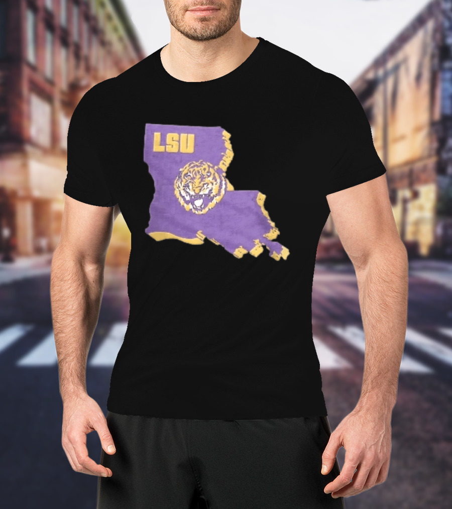 LSU Tigers NCAA Roaring Head Louisiana Map T-Shirt