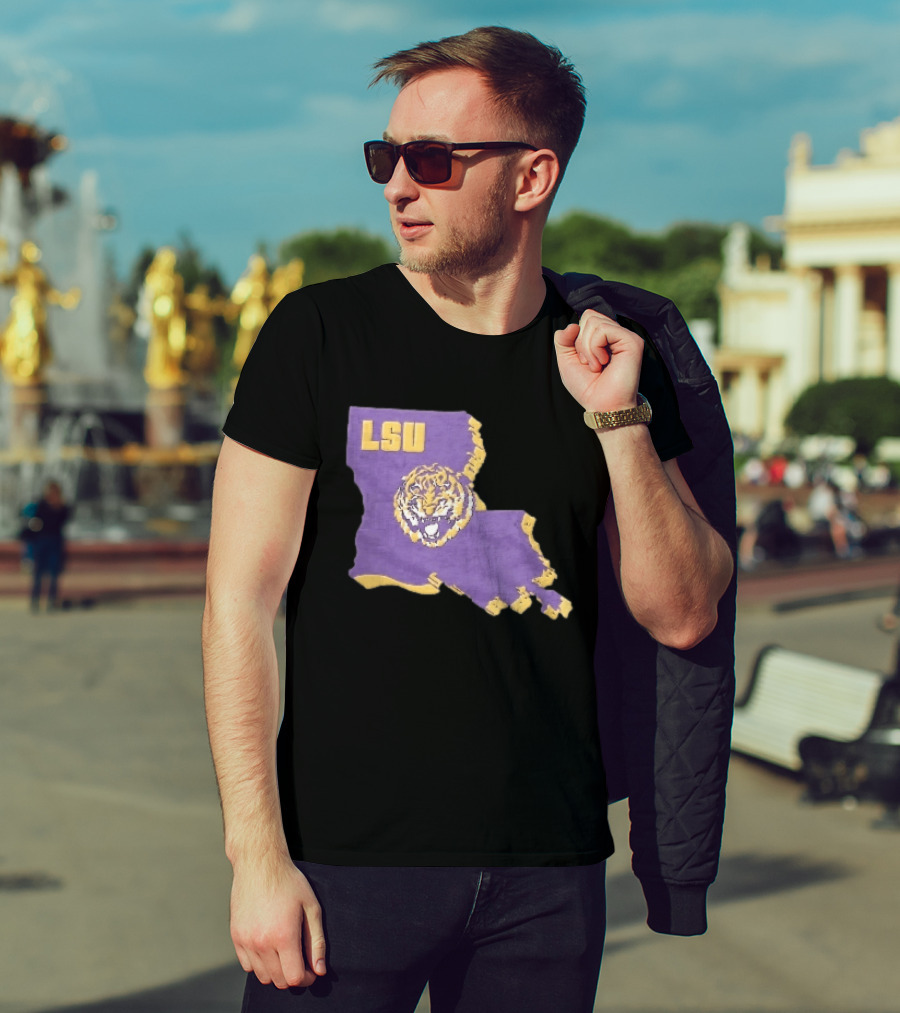 LSU Tigers NCAA Roaring Head Louisiana Map T-Shirt
