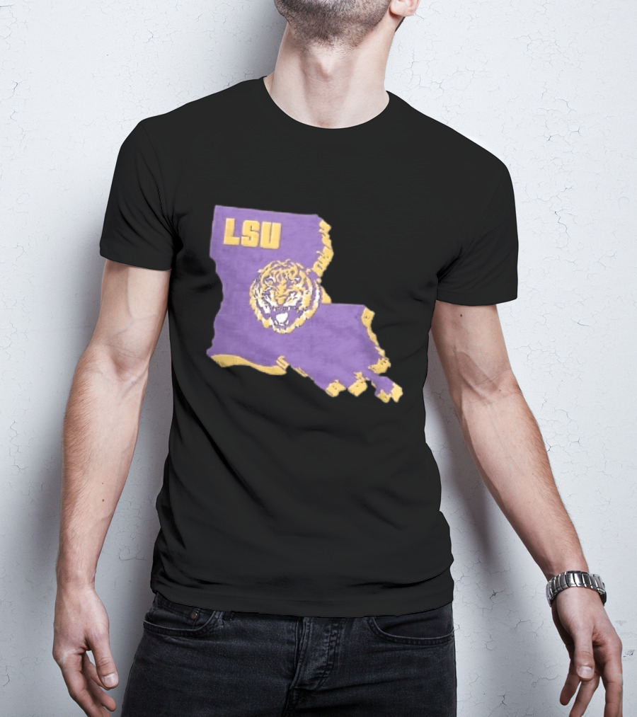 LSU Tigers NCAA Roaring Head Louisiana Map T-Shirt