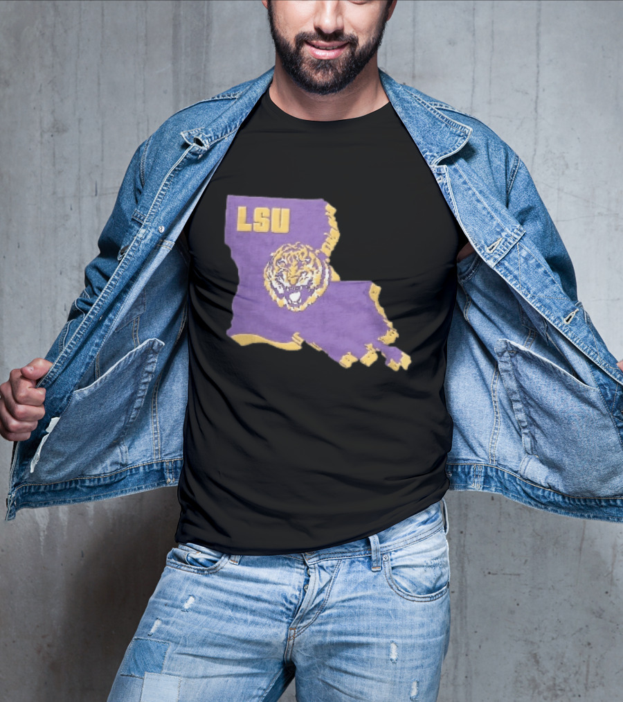 LSU Tigers NCAA Roaring Head Louisiana Map T-Shirt
