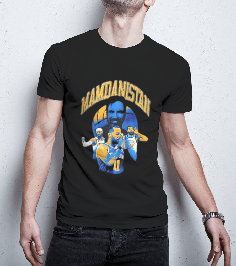 Mamdanistan Jalen Brunson Karl Anthony Towns Zohran Mamdani Halftone Basketball Collage T-Shirt
