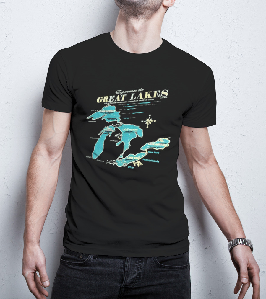 Experience The Great Lakes Map United States Geography Featuring Lake Michigan Superior Huron Erie Ontario T-Shirt