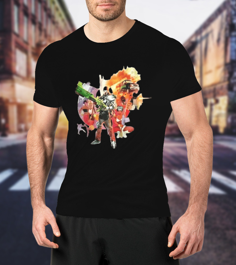 Masked Skeleton Soldier Green Rifle Fire Explosion Flying Truck Collage T-Shirt