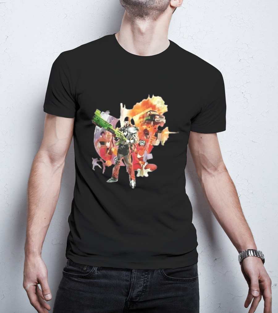 Masked Skeleton Soldier Green Rifle Fire Explosion Flying Truck Collage T-Shirt