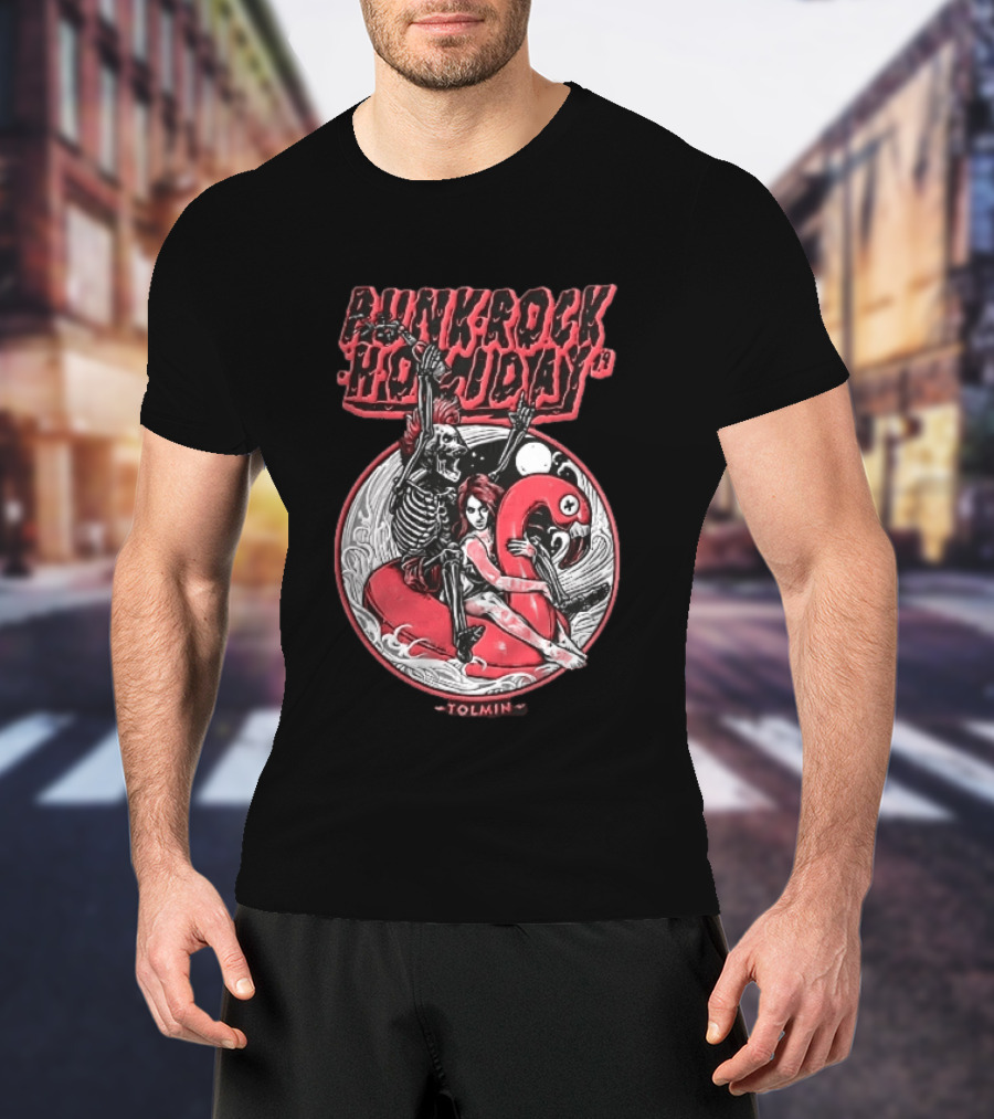 Punk Rock Holiday 19 Tolmin Mohawk Skeleton Riding Pink Flamingo Ocean Waves T-Shirt