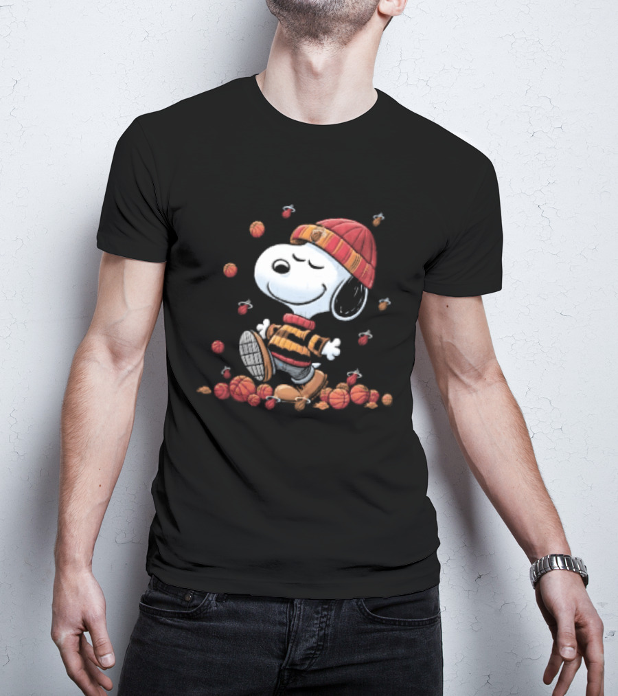 Miami Heat NBA Snoopy Walking Beanie Striped Flaming Basketballs Black T-Shirt