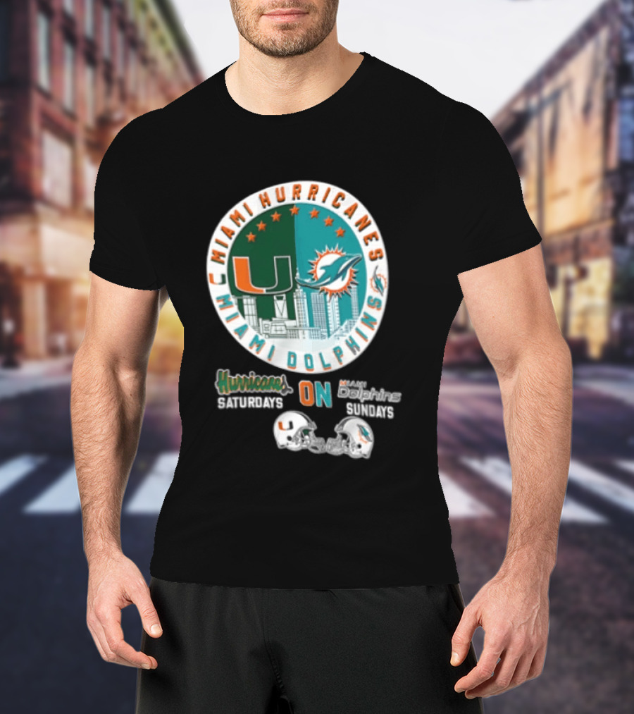 Miami Hurricanes Dolphins City Skyline Saturdays Sundays Two Helmets T-Shirt