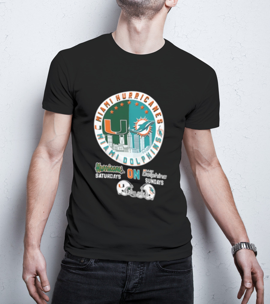 Miami Hurricanes Dolphins City Skyline Saturdays Sundays Two Helmets T-Shirt
