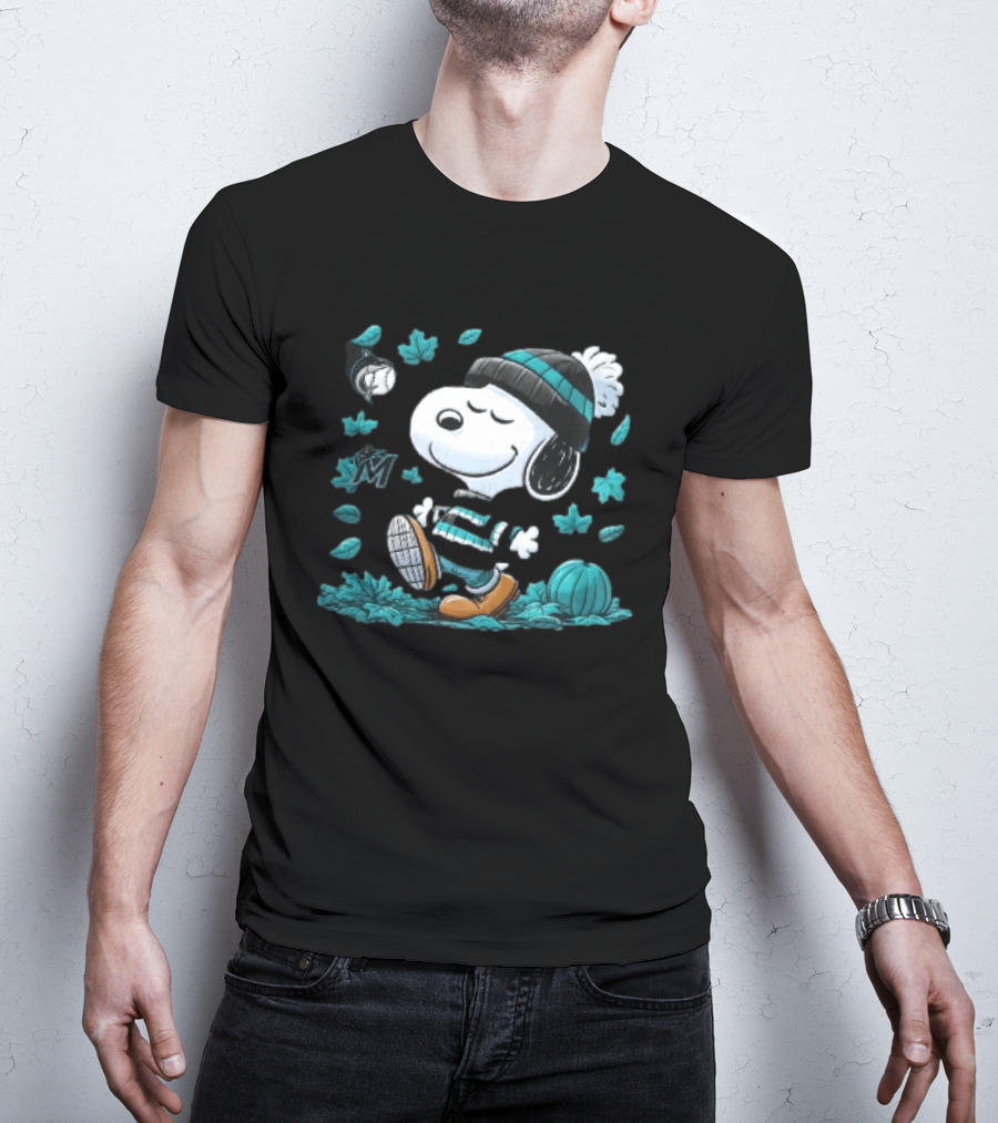 Miami Marlins Snoopy Walking Winter Beanie Autumn Leaves Pumpkin MLB Cartoon T-Shirt