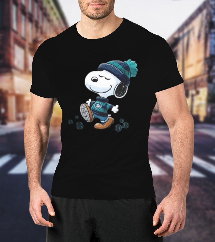 Seattle Mariners Snoopy Walking Beanie And Baseballs MLB Cartoon T-Shirt
