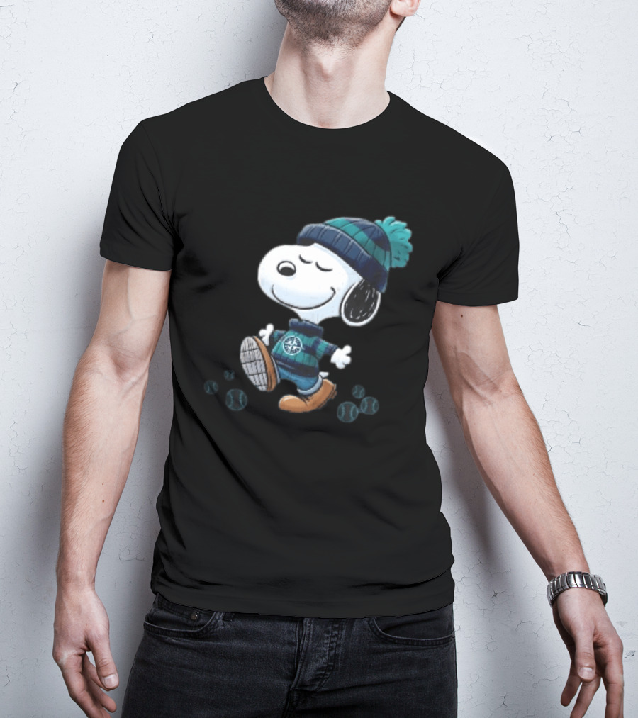 Seattle Mariners Snoopy Walking Beanie And Baseballs MLB Cartoon T-Shirt