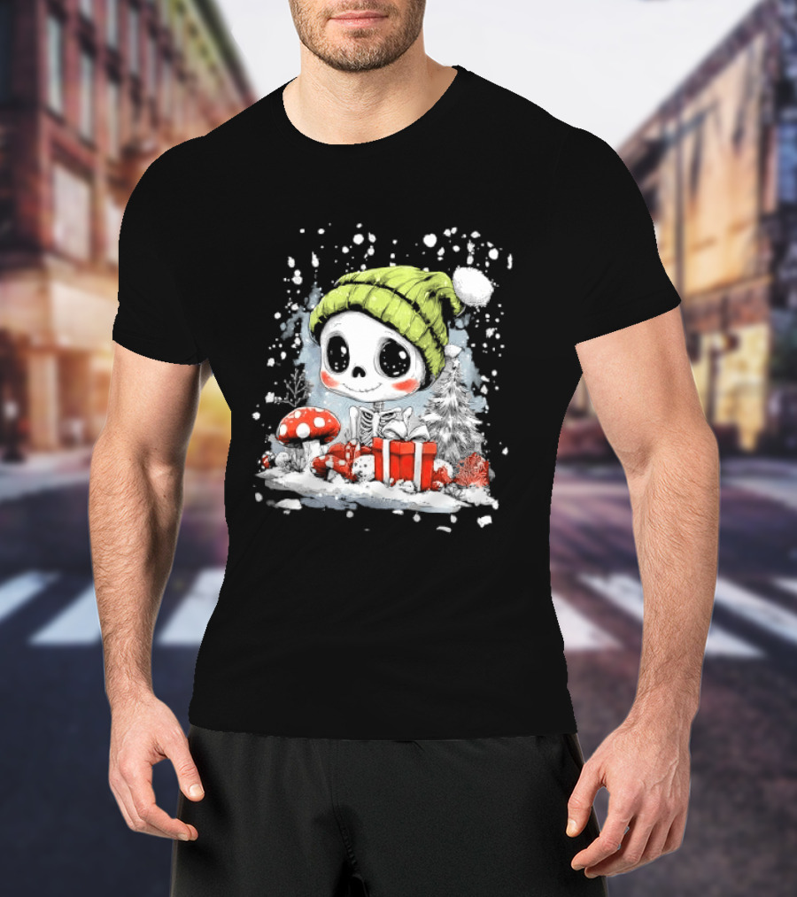 Skeleton In Green Beanie Hat With Mushroom And Christmas Present T-Shirt