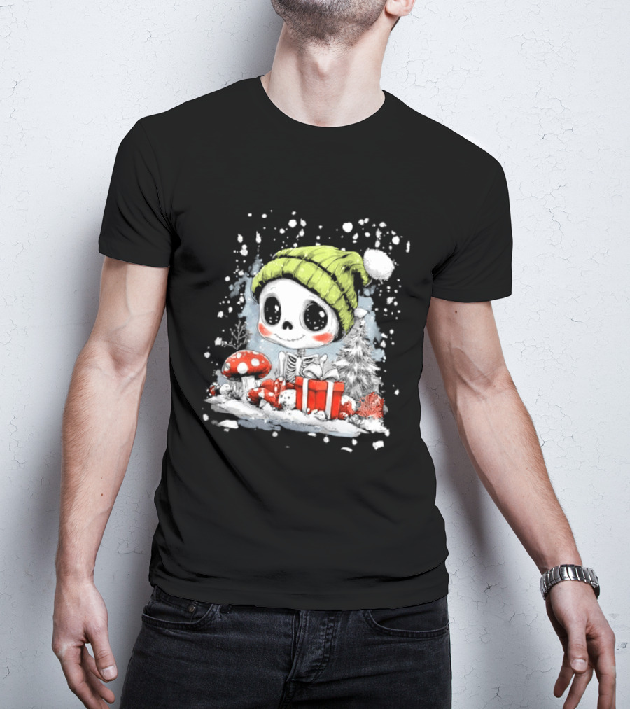 Skeleton In Green Beanie Hat With Mushroom And Christmas Present T-Shirt