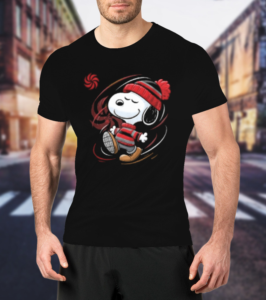 Snoopy Walking Red Black Striped Beanie Swirl Cartoon T-Shirt