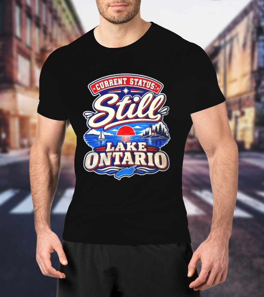 Current Status Still Lake Ontario Sunset Sailboat Lighthouse Scene T-Shirt