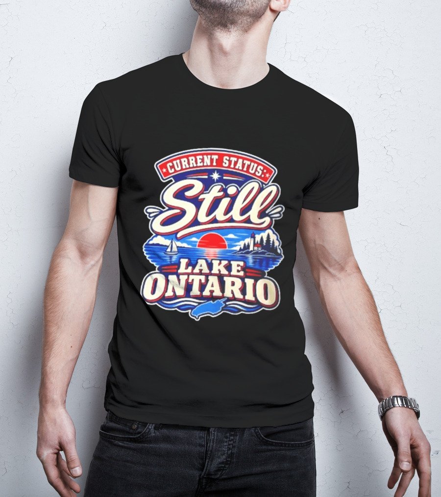 Current Status Still Lake Ontario Sunset Sailboat Lighthouse Scene T-Shirt