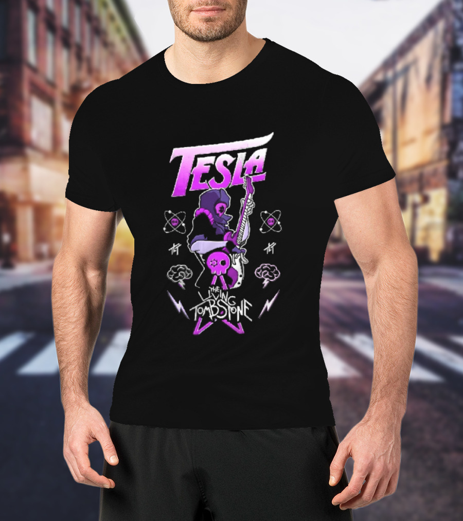 Tesla The Living Tombstone Purple Hooded Skull Mask Electric Guitar Pixel T-Shirt